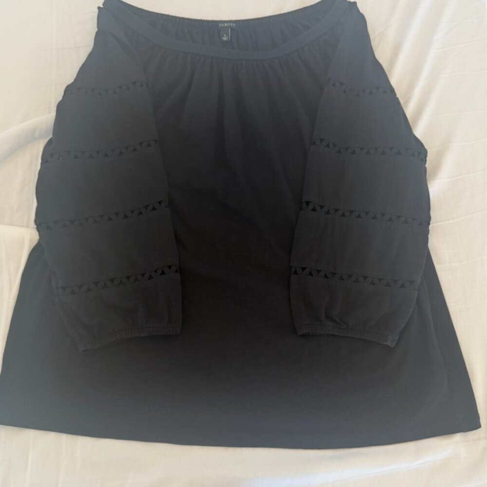Talbots Black Peasant Blouse Large 3/4 Sleeve Boho Tiered Cutout Top - Picture 3 of 5